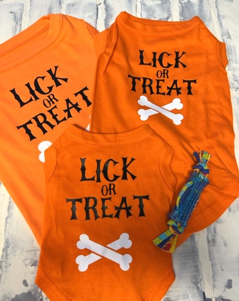 LICK OR TREAT Halloween Dog Shirt Orange with Glow in Dark Dog Bone