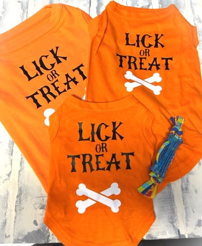 LICK OR TREAT Halloween Dog Shirt Orange with Glow in Dark Dog Bone