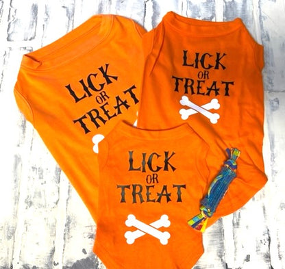 LICK OR TREAT Halloween Dog Shirt Orange with Glow in Dark Dog Bone