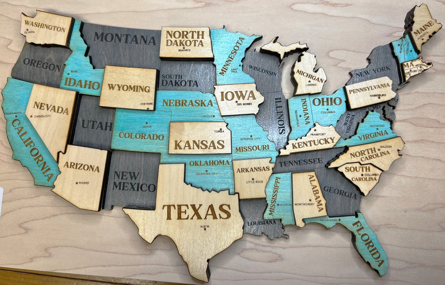 USA MAP THREE LAYER STAINED WOOD