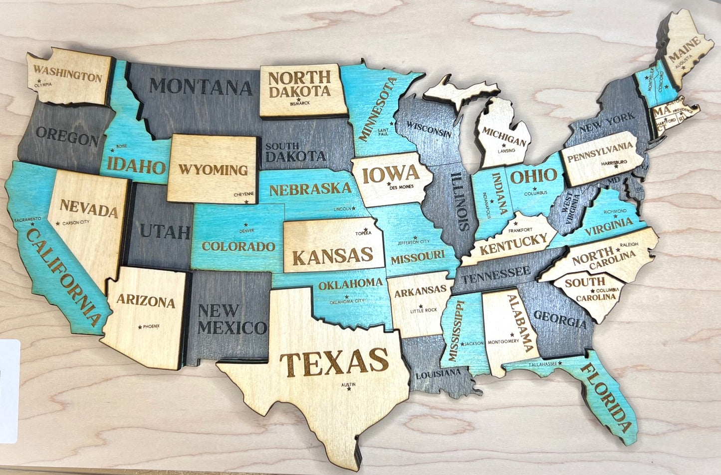 USA MAP THREE LAYER STAINED WOOD