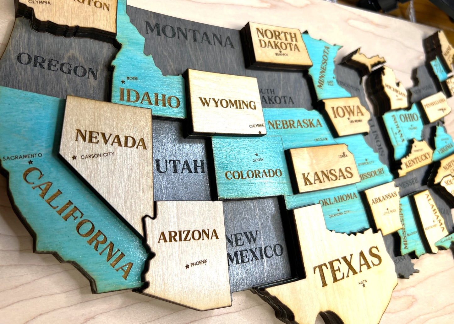 USA MAP THREE LAYER STAINED WOOD